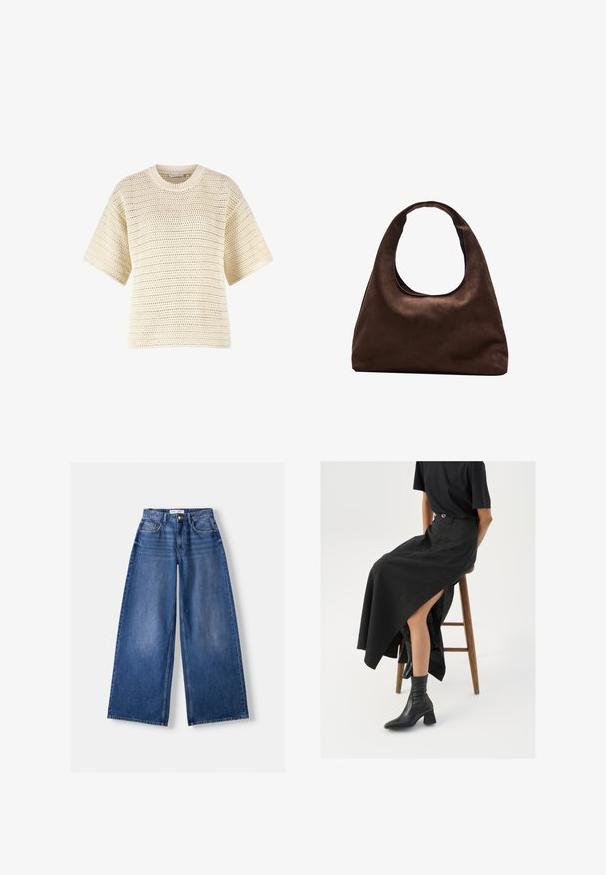 Bruine leren jas met een hoge kraag, zijzakken en een elastische zoom. Gladde textuur met een licht glanzende afwerking.; Licht beige gebreide trui met een losse pasvorm, korte mouwen, ronde halslijn en open weefstructuur met een horizontaal streepjespatroon.; Bershka WIDE-LEG - Wide leg - dark blue; Zwarte linnen maxi rok met een hoge split, gedragen met een zwart T-shirt en zwarte enkellaarsjes. Minimalistisch ontwerp met een relaxte pasvorm.; Zachte bruine hobo-stijl handtas met een enkele brede schouderband en een gebogen opening aan de bovenkant, weergegeven op een witte achtergrond.