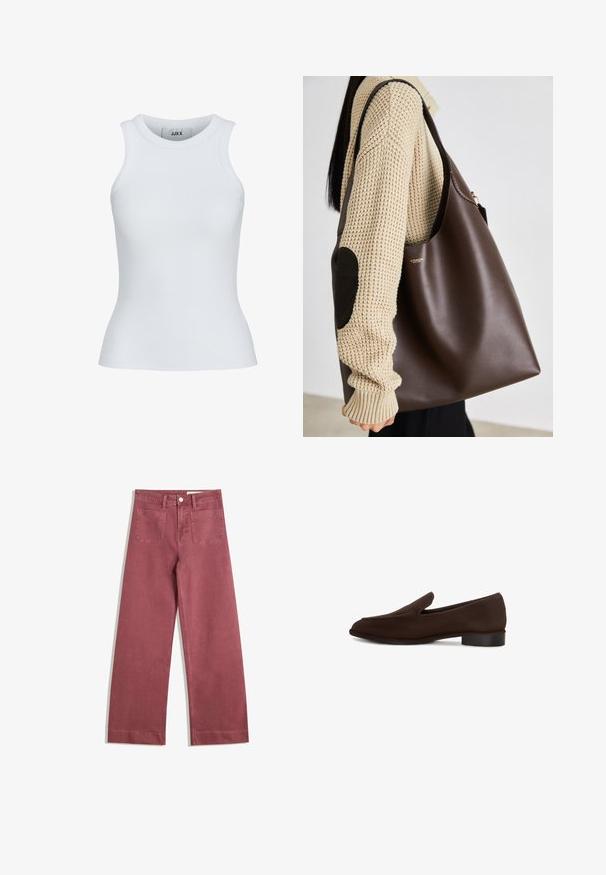 Jachetă din piele maro cu guler înalt, buzunare laterale și tiv elastic. Textură netedă cu un finisaj ușor lucios.; Top fără mâneci, alb, cu nervuri, cu un decolteu rotund. Are o croială slim și o textură moale, fiind potrivit pentru a fi purtat pe dedesubt.; Pantaloni cu picioare largi într-o nuanță de roz pal. Fabricat dintr-un material rezistent, având două buzunare la spate, închidere cu nasture și curea.; Pantof de culoare maro, cu textură netedă, formă alungită, toc mic și design minimalist. Fără modele sau embellismente vizibile.; Geantă tote din piele maro cu un design spațios. Prezintă o textură netedă și un logo auriu subtil. Asortată cu un pulover tricotat crem.
