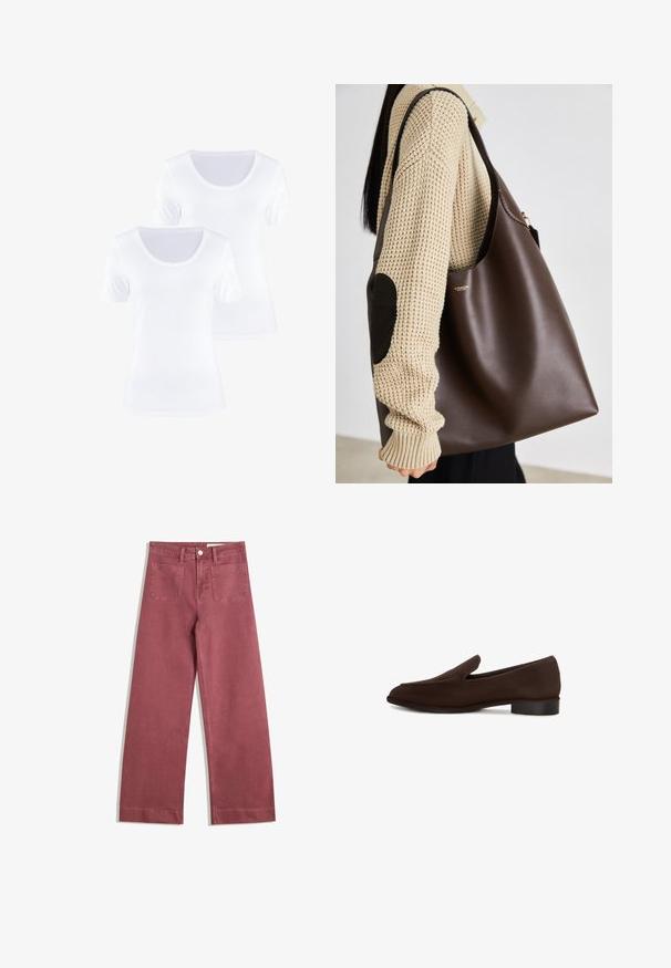 Brown leather jacket with a high collar, side pockets, and elasticized hem. Smooth texture with a slightly shiny finish.; Two white short-sleeve t-shirts with a round neckline, made of soft cotton fabric, featuring a smooth texture and clean design.; Wide-leg trousers in a muted rose color. Made from sturdy fabric, featuring two back pockets, button closure, and belt loops.; Brown slip-on shoe with a smooth texture, elongated shape, low block heel, and minimalistic design. No visible patterns or embellishments.; Brown leather tote bag with a spacious design. Features a smooth texture and a subtle gold logo. Paired with a cream knit sweater.