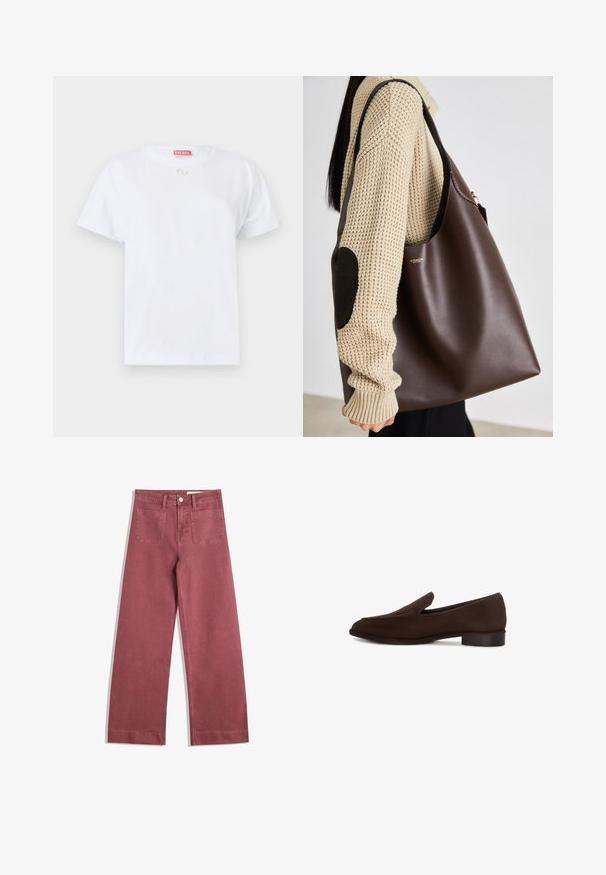 Jachetă din piele maro cu guler înalt, buzunare laterale și tiv elastic. Textură netedă cu un finisaj ușor lucios.; Tricou alb din bumbac cu maneci scurte, guler rotund și un logo mic pe piept. Design simplu, textură netedă și tiv drept.; Pantaloni cu picioare largi într-o nuanță de roz pal. Fabricat dintr-un material rezistent, având două buzunare la spate, închidere cu nasture și curea.; Pantof de culoare maro, cu textură netedă, formă alungită, toc mic și design minimalist. Fără modele sau embellismente vizibile.; Geantă tote din piele maro cu un design spațios. Prezintă o textură netedă și un logo auriu subtil. Asortată cu un pulover tricotat crem.