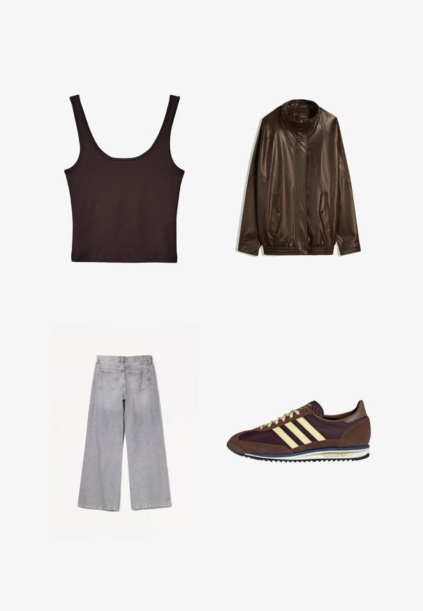 Smeđa kožna jakna s visokim ovratnikom, bočnim džepovima i elastičnim rubom. Glatka tekstura s blago sjajnom završnom obradom.; Tamno smeđa rebrasta majica bez rukava sa širokim naramenicama i prilagođenim krojem. Tkanina je mekana sa glatkom teksturom i kraćim krojem.; Bershka WIDE-LEG - Široke nogavice - grey; Smeđi i burgundski teniski s uzorcima od antilopa i mrežastih materijala, s tri kremaste pruge, teksturiranim materijalom na jeziku i gumeni potplat.