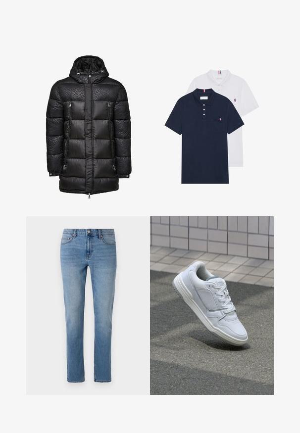 Crna puf jakna s kapuljačom, s kvalitetnom krojenom teksturom, dva prednja džepa sa zatvaračem i diskretnim brendiranjem u tamnom uzoraku.; Dva polo majice: jedna tamnoplava i jedna bijela, obje s malim crveno-bijelim-plavim naglaskom na džepu i ovratniku.; Svijetloplavi traperice ravnog kroja, s dizajnom jednog od pet džepova i suptilnim ispucanim detaljima na tkanini. Metalni gumb i zatvarač.; Bijele kožne tenisice s perforiranim bočnim dijelovima, teksturiranim akcentima, ravnim vezicama i kontrastnim sivim petom. Imaju blago povišenu potplat.