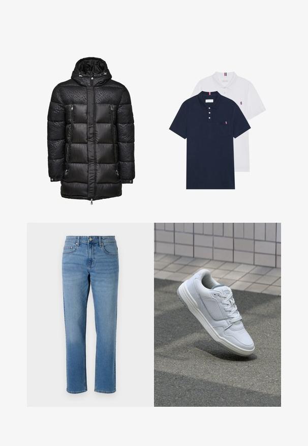 Črna napihljiva jakna s kapuco, z odebeljeno teksturo, dvema žepoma z zadrgo spredaj in subtilno blagovno znamko v temnem potisku.; Dve polo majice: ena mornarsko modra in ena bela, obe z majhnim rdečim, belim in modrim poudarjanjem na žepu in ovratniku.; Svjetloplave traperice s ravnim nogavicama, dizajnom s pet džepova, zatvaranjem na gumb te kontrastnim šavovima duž šavova.; Bela usnjena superga s perforiranimi stranicami, teksturiranimi detajli, ravnimi vezalkami in kontrastno sivo peto. Ima rahlo dvignjen podplat.