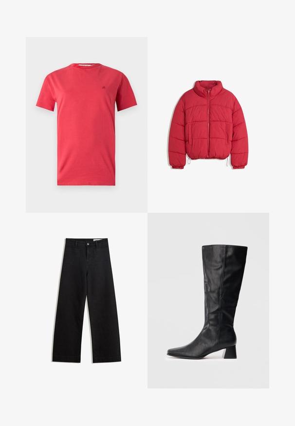 Rote Daunenjacke mit Frontreißverschluss, hohem Kragen, seitlichen Taschen, elastischen Bündchen und verstellbaren Kordeln am Saum.; Rotes Baumwoll-T-Shirt mit Rundhalsausschnitt und kurzen Ärmeln. Mit kleinem gestickten Logo auf der linken Brust. Glatte Textur.; Schwarze weit geschnittene Jeans mit hoher Taille, ausgestattet mit Vorder- und Hintertaschen, gesteppten Nähten und einem Knopfverschluss. Glatte Textur.; Schwarze Lederstiefel in Knöchelhöhe mit spitzer Zehe und Blockabsatz auf schlichtem, hellen Hintergrund.