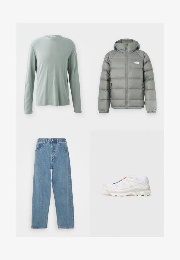 Graue Pufferjacke mit Kapuze, ausgestattet mit einem Reißverschluss und gerippten Bündchen. Das Material hat eine glatte Textur mit einem dezenten Glanz. Logo auf der Brust.; Langarmshirt in Hellgrün, aus strukturiertem Stoff mit rundem Halsausschnitt und geradem Schnitt, versehen mit einem dezenten Rippmuster.; Hellblaue Denim-Jeans mit hoher Taille und lockerer Passform, ausgestattet mit zwei vorderen Taschen, einer hinteren Aufsatztasche und einem Knopfverschluss.; Weiße Sportlich-Schuh mit strukturiertem Mesh-Obermaterial, reflektierenden Akzenten und einer gepolsterten Sohle. Auffälliges Markenlogo an der Seite.