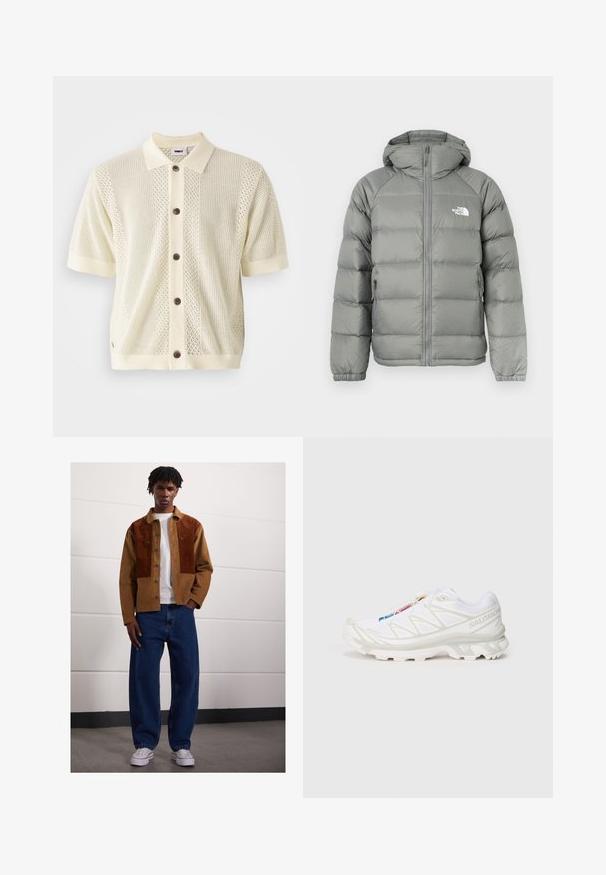 Grijze pufferjack met een capuchon, voorzien van een ritssluiting en ribgebreide manchetten. Het materiaal heeft een soepele textuur met een subtiele glans. Logo op de borst.; Korte mouw gebreide cardigan in lichtgeel met een contrasterende effen kraag, vijf bruine knopen en gestructureerde patronen over de voorkant.; Man die binnen staat en een bruine corduroyjas met roestvlekken, een wit T-shirt, losse blauwe spijkerbroeken en witte sneakers draagt.; Witte sportieve schoen met een gestructureerde mesh bovenkant, reflecterende accenten en een gevoerde zool. Opvallend merklogo aan de zijkant.