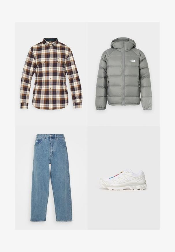 Casaco puffer cinza com capuz, apresentando fecho de correr e punhos canelados. O material tem uma textura suave com um brilho subtil. Logo no peito.; Camisa de flanela xadrez com padrões em castanho, creme e azul marinho, colarinho abotoado, dois bolsos no peito e fecho com botões com detalhes dourados.; Jeans de denim azul claro com cintura alta e corte relaxado, apresentando dois bolsos frontais, um bolso traseiro com etiqueta e fecho de botão.; Sapatilha atlética branca com parte superior em malha texturada, detalhes refletivos e sola acolchoada. Logótipo da marca destacado na lateral.