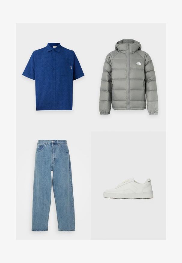 Grå pufferjakke med hette, med glidelås foran og ribbestrikkede mansjetter. Materialet har en glatt tekstur med en subtil glans. Logo på brystet.; Korte ermer blå skjorte laget av strukturert stoff med et subtilt mønster, en knapp-up foran og en enkelt brystlomme.; Hvit t-skjorte med korte ermer i bomull med rund hals. Enkelt design uten mønstre eller accenter. Glatt tekstur.; Lyseblå denimjeans med høy midje, avslappet passform, med to frontlommer, en baklomme og knappestengning.; Hvite lærersneakers med en jevn overflate, rund tå, flate lisser og en teksturert såle. Har en subtil logo på hælen.