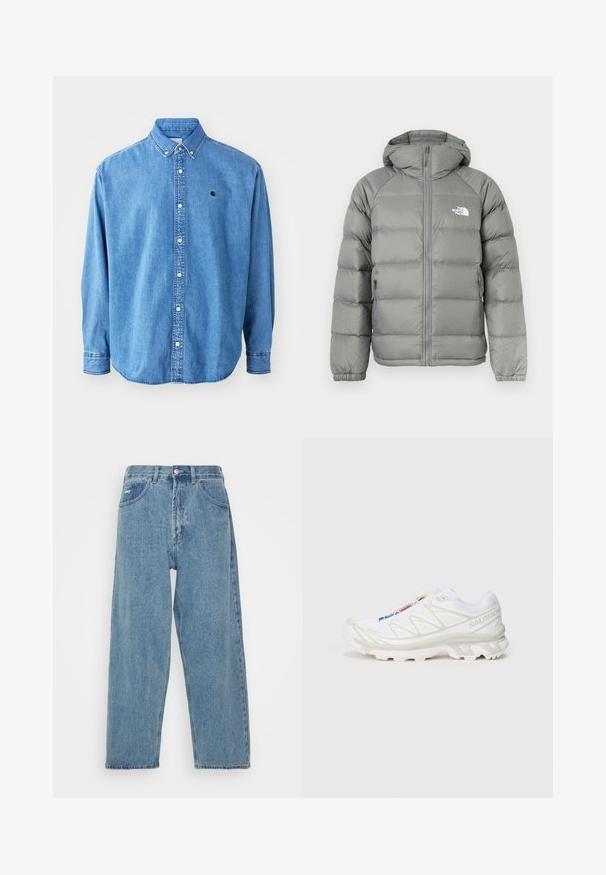 Pelēka pūkaina jaka ar kapuci, kurai ir rāvējslēdzēja aizdare un ribināti piedurknēm. Materiāls ir gluds ar smalku spīdumu. Logo uz krūtīm.; Gaiši zila džinsu krekla blūze ar pogām, ar punktveida apkakli, garām piedurknēm un mazu logo uz krūtīm. Iespējas ietver baltas pogas un šuvuma šuvumu.; Balts īsām piedurknēm T-krekls no kokvilnas auduma ar apaļu kakla izgriezumu. Vienkāršs dizains bez rakstiem vai akcentiem. Gluda tekstūra.; Gai zilo denima džinsu bikses ar augstu vidukli, brīvu piegriezumu, divām priekšējām kabatām, aizmugurējo kabatu un pogu aizdari.; Balti sporta apavi ar teksturētu sietu augšdaļu, atstarojošiem akcentiem un mīkstu zoli. Izteikts zīmola logotips sānos.