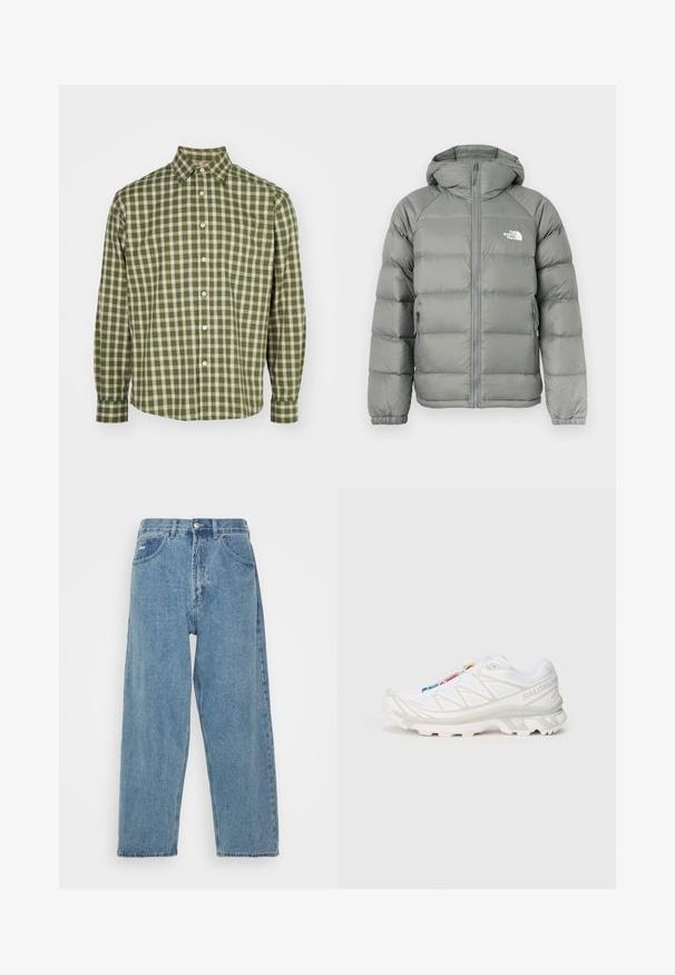 Grå pufferjakke med hætte, med lynlåslukning og ribbede manchetter. Materialet har en glat tekstur med en subtil glans. Logo på brystet.; NN.07 DEON - Skjorter - green; Hvid kortærmet t-shirt i bomuldsstof med rund halsudskæring. Enkel design uden mønstre eller detaljer. Glat tekstur.; Lyseblå denim jeans med høj talje og afslappet pasform, der har to forlommer, en baglomme og knaplukning.; Hvid sportssko med tekstureret mesh-overdel, reflekterende detaljer og en polstret sål. Bemærkelsesværdigt mærke-logo på siden.