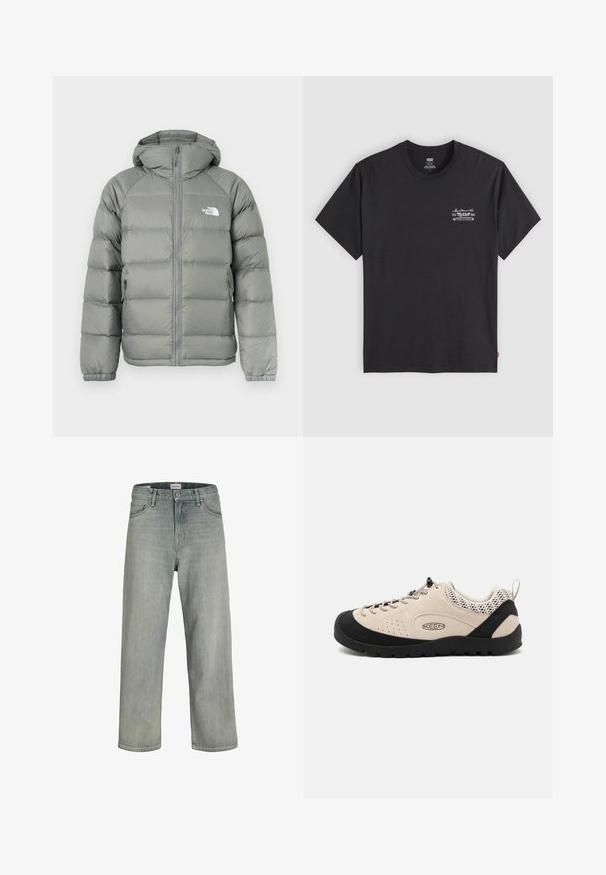 Gray puffer jacket with a hood, featuring a zip closure and ribbed cuffs. The material has a smooth texture with a subtle sheen. Logo on chest.; Black cotton t-shirt with short sleeves and a round neck. Features a small white graphic print on the left chest. Smooth texture.; Light gray, loose-fitting jeans made of denim. Features a classic five-pocket design, belt loops, and a straight leg silhouette.; Beige suede shoe with black rubber toe cap and sole, featuring a lace-up design and breathable mesh accents on the heel.