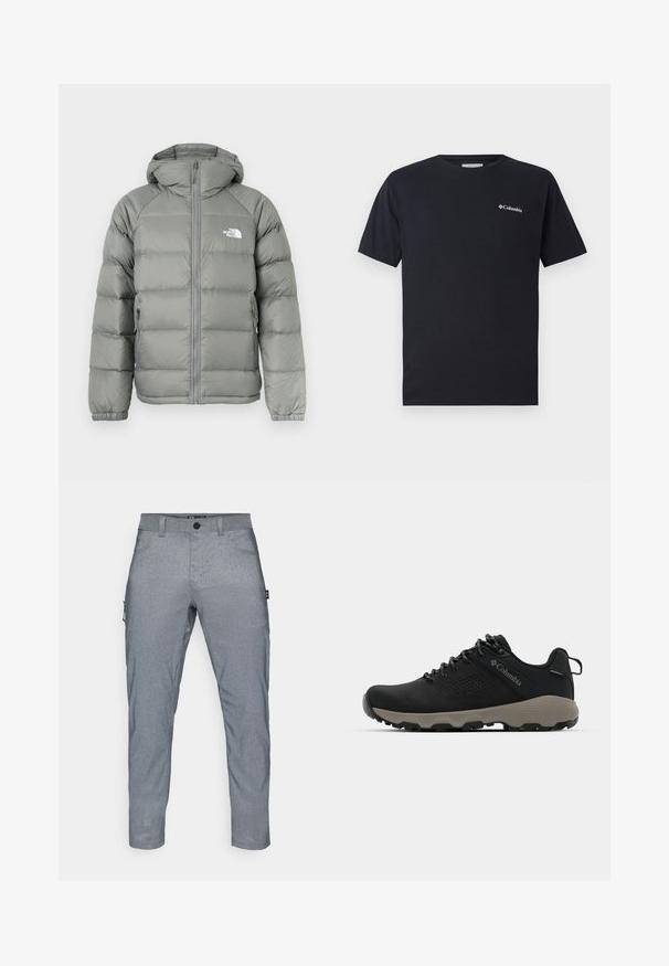 Grå pufferjakke med hette, med glidelås foran og ribbestrikkede mansjetter. Materialet har en glatt tekstur med en subtil glans. Logo på brystet.; Svart kortermet t-skjorte laget av bomull, med et lite hvitt Columbia-logo på venstre brystområde. Klassisk rund hals og avslappet passform.; Grå, teksturerte stoffbukser med rett passform, med knappåpning foran, sidelommer og en ekstra cargo-lomme på venstre ben.; Svart tursko med glatt overdel, perforert design, grå såle og forsterket hæl. Har snøringer og en pull-tab for enkel påkledning.