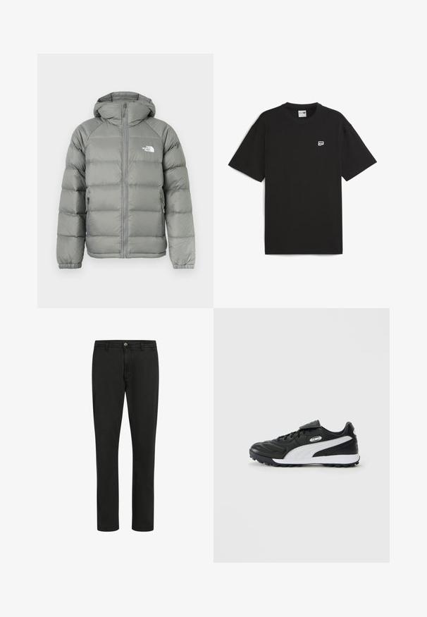 Graue Pufferjacke mit Kapuze, ausgestattet mit einem Reißverschluss und gerippten Bündchen. Das Material hat eine glatte Textur mit einem dezenten Glanz. Logo auf der Brust.; Schwarzes T-Shirt mit kurzen Ärmeln aus Baumwolle, mit Rundhalsausschnitt und kleinem weißen Logo auf der Brust. Einfacher, lässiger Schnitt.; Schwarze Baumwollhosen mit geradem Schnitt, vorderer Knopfverschluss und zwei seitlichen Taschen; glatte Textur mit minimalistischem Design.; Schwarzer Low-Top-Fußballschuh mit weißem Seitenstreifen, strukturierten Sohlen, schnürbarem Vorderteil und Velcro-Lasche über den Schnürsenkeln auf einfarbigem Hintergrund.