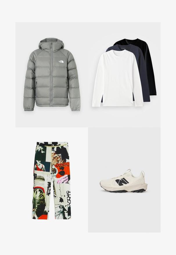 Szara kurtka puchowa z kapturem, z zamkiem błyskawicznym i ściągaczami przy rękawach. Materiał ma gładką teksturę z delikatnym połyskiem. Logo na klatce piersiowej.; Trzy koszulki z długim rękawem ułożone jedna na drugiej: jedna biała, jedna ciemnogranatowa i jedna czarna. Wykonane z gładkiej bawełny, posiadają okrągłe dekolty i boczne rozcięcia.; Spodnie wzorzyste z kolażem obrazów, kolorów i faktur, w tym zieleni, grafik i wyrazistych akcentów. Elastyczny pas.; Jasnobeżowe sneakersy z siateczkową cholewką, czarnym logo i teksturowaną podeszwą. Akcentowane geometrią wzoru na śródpodeszwie.