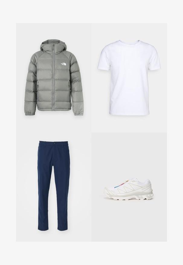 Siva pufasta jakna s kapuco, z zadrgo in rebrastimi manšetami. Material ima gladko teksturo z subtilnim leskom. Logotip na prsih.; Bela majica s kratkimi rokavi iz bombaža z okroglim izrezom. Preprost dizajn brez vzorcev ali poudarkov. Gladka tekstura.; Temno modri hlače z gladko teksturo, ožji kroj, sprednji žepi in en gumb za zapiranje v pasu. Brez vidnih vzorcev.; Bela športna obutev z teksturiranim mrežastim zgornjim delom, odsevni detajli in oblazinjen podplat. Oznaka znanega blagovne znamke je vidna na strani.