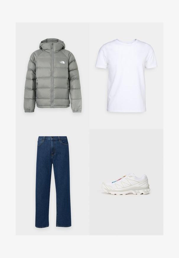 Gray puffer jacket with a hood, featuring a zip closure and ribbed cuffs. The material has a smooth texture with a subtle sheen. Logo on chest.; White short-sleeve t-shirt in cotton fabric with a round neckline. Simple design with no patterns or accents. Smooth texture.; Dark blue straight-leg denim jeans with front pockets and a button closure, displayed on a plain white background.; White athletic shoe with textured mesh upper, reflective accents, and a cushioned sole. Notable brand logo on the side.