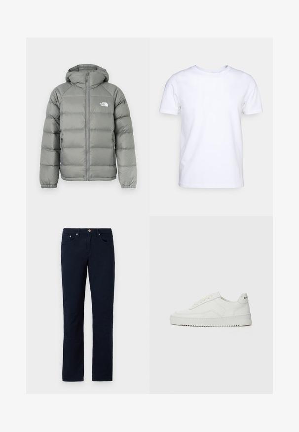 Halli pufjakker koos kapuutsiga, millel on lukuga sulgemine ja ribiga mansetid. Materjalil on sile tekstuur koos peene läikega. Logo rinnal.; Valge lühikeste varrukatega t-särk puuvillaste kangast, ümmarguse kaelusega. Lihtne disain, ilma mustrite ja detailideta. Sile tekstuur.; Tume sinine, sirged püksid, mis on valmistatud puuvillasesest kangast. Omab viit taskut, lukuga lend ja minimaalne õmbluse detailide arv. Sile tekstuur.; Valge nahast tennis, millel on sile põhi, ümar varvas, lamedad nöörid ja tekstuuriline tall. Sisaldab diskreetset logo kontsaribal.