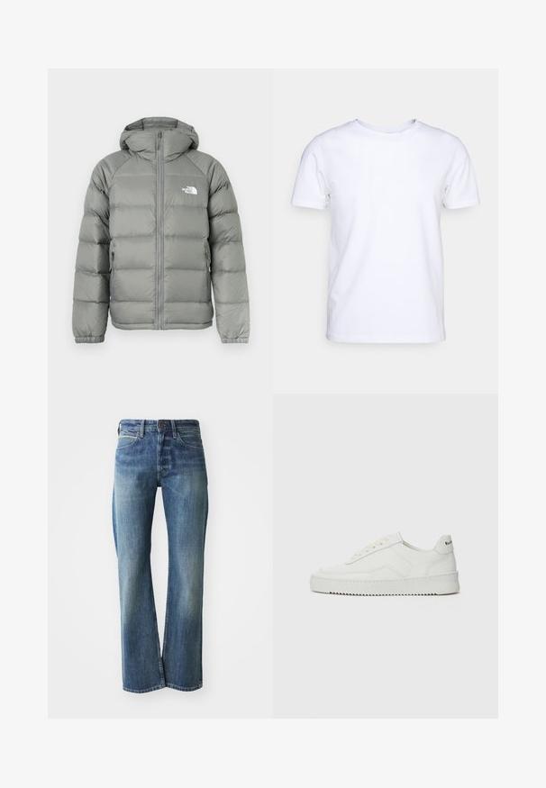 Casaco puffer cinza com capuz, apresentando fecho de correr e punhos canelados. O material tem uma textura suave com um brilho subtil. Logo no peito.; Camiseta branca de mangas curtas em tecido de algodão com decote redondo. Design simples, sem padrões ou detalhes. Textura suave.; Calças de ganga com uma cor azul clara a média, corte reto, design clássico de cinco bolsos e desvanecimento subtil na parte da frente.; Sapatilha de couro branco com acabamento suave, bico redondo, atacadores planos e uma sola texturizada. Apresenta um logotipo discreto no calcanhar.