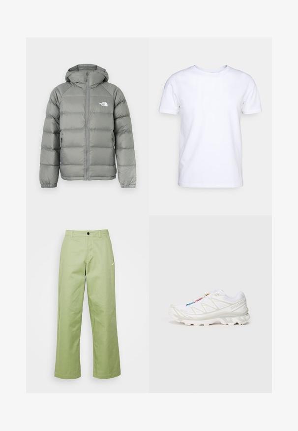 Casaco puffer cinza com capuz, apresentando fecho de correr e punhos canelados. O material tem uma textura suave com um brilho subtil. Logo no peito.; Camiseta branca de mangas curtas em tecido de algodão com decote redondo. Design simples, sem padrões ou detalhes. Textura suave.; Calças largas verde-claro feitas de um tecido suave com fecho de botão, apresentando um pequeno logótipo da Nike na frente.; Sapatilha atlética branca com parte superior em malha texturada, detalhes refletivos e sola acolchoada. Logótipo da marca destacado na lateral.