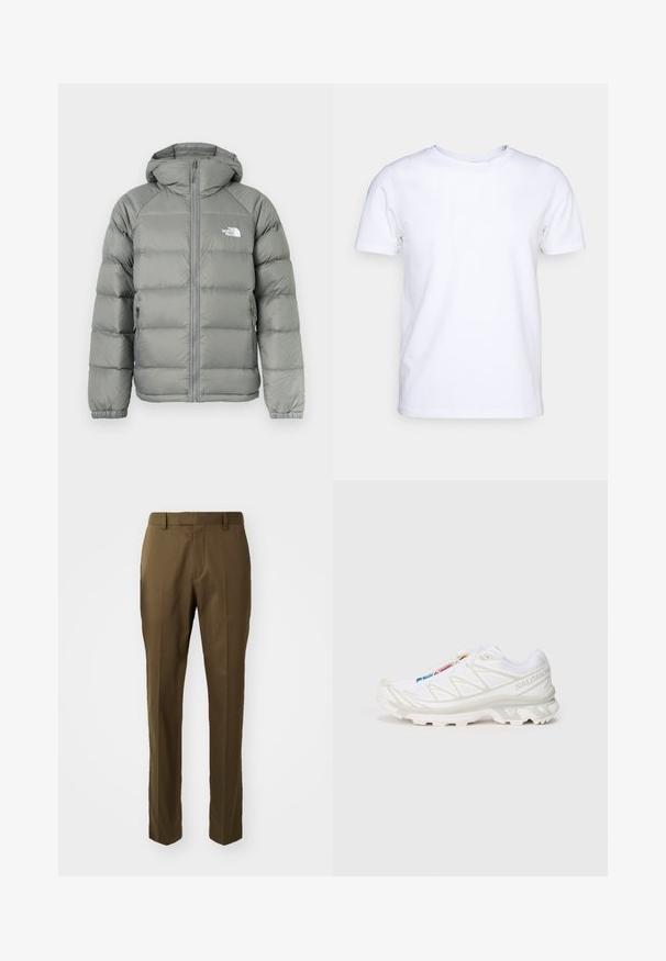 Szürke puffdzseki kapucnival, cipzárral és bordázott mandzsettákkal. Az anyag sima textúrájú, enyhe fénylással. Logó a mellrészén.; Fehér, rövid ujjú felső pamut anyagból, kerek nyakkivágással. Egyszerű dizájn, minta vagy díszítés nélkül. Sima textúra.; Barna, egyenes szabású nadrág, sima anyagból készült, oldalt zsebekkel és a frontrészen gyűrődéssel.; Fehér sportcipő texturált hálós felsőrésszel, fényvisszaverő részletekkel és párnázott talppal. Figyelemre méltó márkalogó az oldalon.