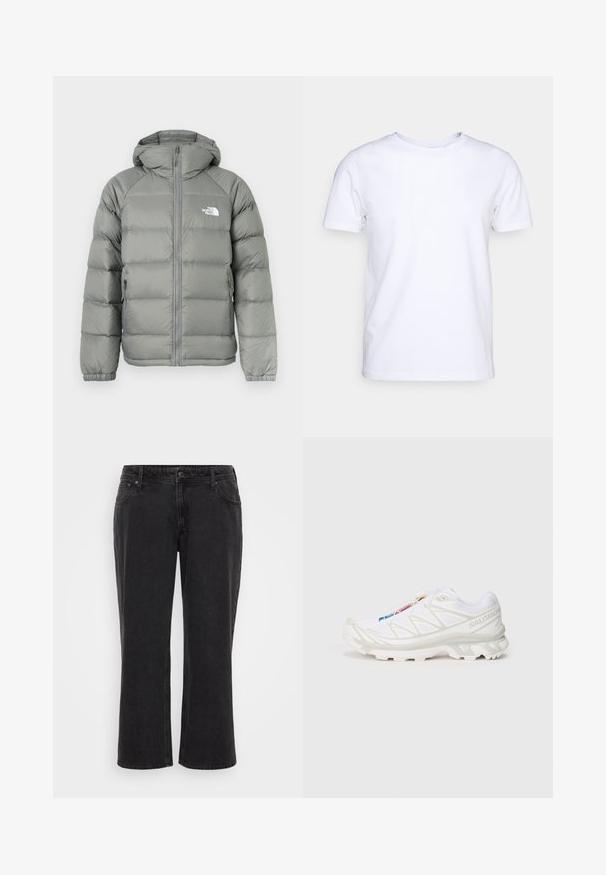 Pelēka pūkaina jaka ar kapuci, kurai ir rāvējslēdzēja aizdare un ribināti piedurknēm. Materiāls ir gluds ar smalku spīdumu. Logo uz krūtīm.; Balts īsām piedurknēm T-krekls no kokvilnas auduma ar apaļu kakla izgriezumu. Vienkāršs dizains bez rakstiem vai akcentiem. Gluda tekstūra.; Melna džinsu auduma brīvie bikses ar taisnu griezumu, piecām kabatām, priekšējo pogu aizdari un kontrastējošu šuvju detalizāciju.; Balti sporta apavi ar teksturētu sietu augšdaļu, atstarojošiem akcentiem un mīkstu zoli. Izteikts zīmola logotips sānos.
