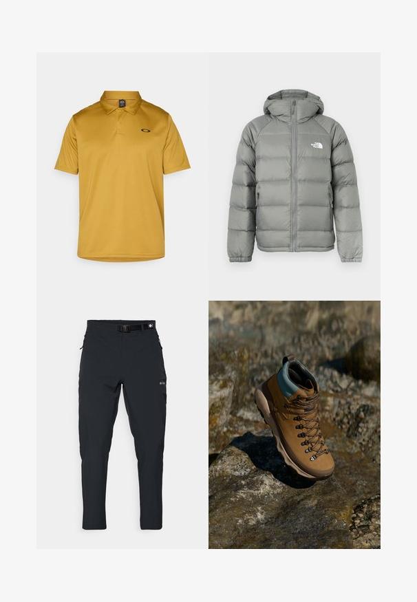 Šedá páperová bunda s kapucňou, so zapínaním na zips a rebrovanými manžetami. Materiál má hladkú štruktúru s jemným leskom. Na hrudi je značka.; Polo tričko s krátkym rukávom v horčicovej farbe, vyrobené z hladkej tkaniny, s klasickým golierom a malým čiernym logom na hrudi.; Columbia ESSENTIAL HIKE™ PANT - Outdoorové nohavice - black; Hnedá turistická obuv so syntetickým vrchom, svetlo modrým golierom, kovovými očkami a textúrovanou gumovou podrážkou. Navrhnutá na vonkajšie aktivity.
