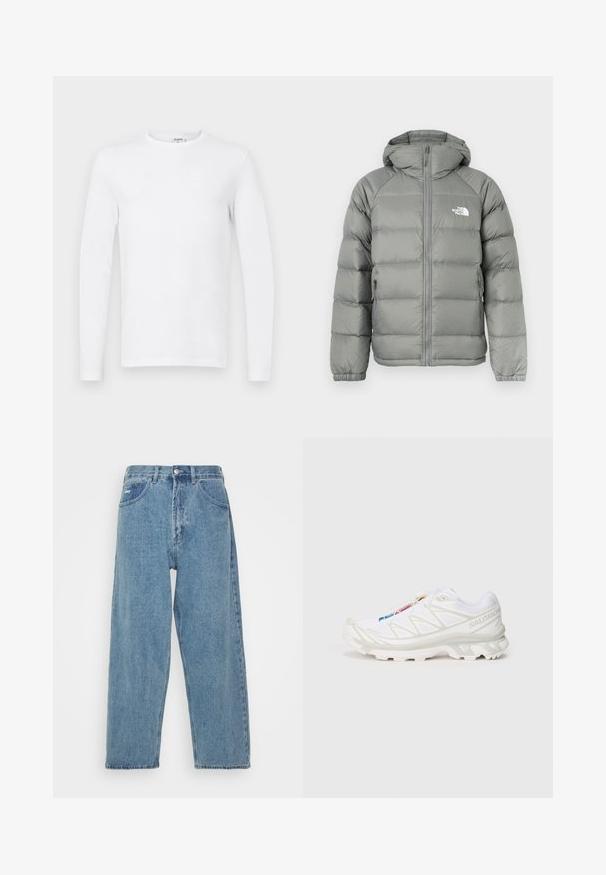 Gray puffer jacket with a hood, featuring a zip closure and ribbed cuffs. The material has a smooth texture with a subtle sheen. Logo on chest.; Long-sleeve plain white crewneck shirt displayed on a flat, light gray background.; Light blue denim jeans with a high-waist, relaxed fit, featuring two front pockets, a back patch pocket, and a button closure.; White athletic shoe with textured mesh upper, reflective accents, and a cushioned sole. Notable brand logo on the side.