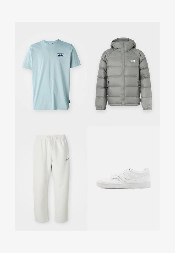 Casaco puffer cinza com capuz, apresentando fecho de correr e punhos canelados. O material tem uma textura suave com um brilho subtil. Logo no peito.; Columbia EXPLORERS CANYON BACK TEE - T-shirt estampada - crushed blue; Calças de fato cinza claro feitas de um tecido suave, apresentando um cós elástico com cordão e um pequeno detalhe de logótipo na coxa esquerda.; Sapatilha branca feita de couro liso, com bico perfurado, sola de borracha texturizada, atacadores planos e um destacado logotipo 'N' na lateral.