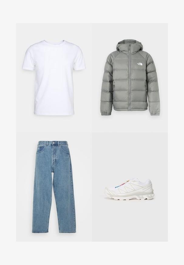 Gray puffer jacket with a hood, featuring a zip closure and ribbed cuffs. The material has a smooth texture with a subtle sheen. Logo on chest.; White short-sleeve t-shirt in cotton fabric with a round neckline. Simple design with no patterns or accents. Smooth texture.; Light blue denim jeans with a high-waist, relaxed fit, featuring two front pockets, a back patch pocket, and a button closure.; White athletic shoe with textured mesh upper, reflective accents, and a cushioned sole. Notable brand logo on the side.