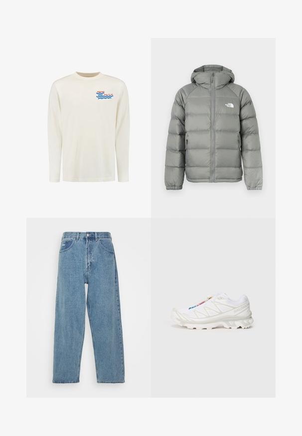 Gray puffer jacket with a hood, featuring a zip closure and ribbed cuffs. The material has a smooth texture with a subtle sheen. Logo on chest.; Long-sleeve t-shirt in cream fabric featuring a graphic with blue waves and red text stating "Barcelona Social Club."; Light blue denim jeans with a high-waist, relaxed fit, featuring two front pockets, a back patch pocket, and a button closure.; White athletic shoe with textured mesh upper, reflective accents, and a cushioned sole. Notable brand logo on the side.