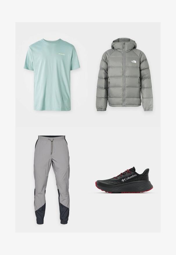 Šedá péřová bunda s kapucí, vybavená zipem a žebrovanými manžetami. Materiál má hladkou texturu s jemným leskem. Logo na hrudi.; Světle modré bavlněné tričko s krátkými rukávy, kulatým výstřihem a malým bílým logem na hrudi. Měkká textura, volný střih.; Lehké šedé sportovní kalhoty s černými detaily. Elastický pas, stahovací šňůrka, tapered nohavice a boční kapsy.; Černá sportovní bota s texturovaným svrškem, červenými tkaničkami a logem. Silná podrážka s vzorovaným dezénem pro lepší trakci. Minimalistický design, boční pohled.