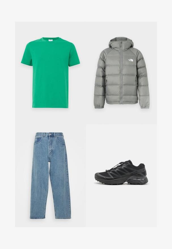 Casaco puffer cinza com capuz, apresentando fecho de correr e punhos canelados. O material tem uma textura suave com um brilho subtil. Logo no peito.; T-shirt de algodão verde com mangas curtas, decote redondo e uma textura suave. Design simples, sem padrões ou adornos.; Jeans de denim azul claro com cintura alta e corte relaxado, apresentando dois bolsos frontais, um bolso traseiro com etiqueta e fecho de botão.; Sapatilha de corrida preta com parte superior em malha e material sintético, sola flexível e atacadores elásticos. Apresenta uma palmilha amortecida para conforto.