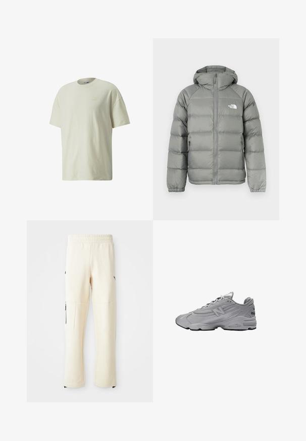 Chaqueta acolchada gris con capucha, con cierre de cremallera y puños de canalé. El material tiene una textura suave con un brillo sutil. Logo en el pecho.; Camiseta de algodón color crema con un clásico escote redondo, mangas cortas y un sutil logo de Puma en un tono más claro en el pecho.; Pantalones de chándal de color beige claro, hechos de un tejido suave. Presentan un logo negro, bolsillos laterales con cremalleras y un corte relajado.; Zapatilla deportiva gris con un diseño elegante, parte superior de malla y sintético, suela acolchada, acentos texturizados y un logo en el lateral.