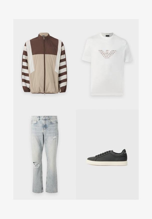 Rjav in bež vetrovka z belimi črtami, visokim ovratnikom, zadrgo, elastičnimi manšetami in logotipom na levem prsnem delu.; Bela bombažna majica s kratkimi rokavi in okroglo izrezom. Ima osrednji logotip v rožnati in rjavi barvi.; Svijetloplavi traperici s visokim strukom, ravnim nogavicama i izguženim detaljima na desnom bedru i lijevom koljenu.; Črne usnjene superge z nizkim profilom, okroglo špičko in vezalkami; vsebujejo teksturiran gumijast podplat in detajl z logotipom na peti.