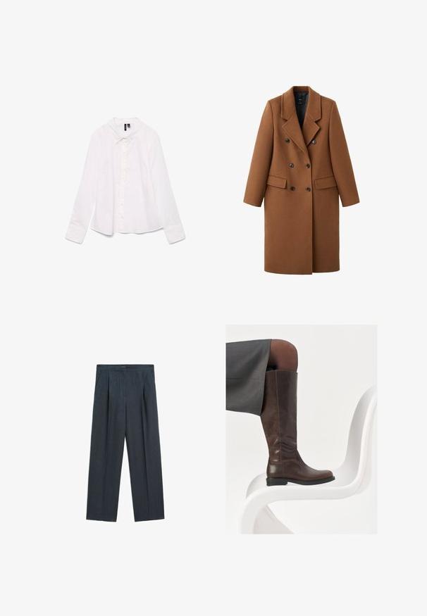 Brown wool blend double-breasted coat with large black buttons, notched lapels, two front pockets, and long sleeves. Structured design.; White long-sleeve shirt made of cotton, featuring a classic collar, button-down front, and a slightly relaxed fit. Smooth texture with no patterns.; Dark gray, pleated trousers with a straight-leg design, featuring a smooth texture and tailored waistband. No visible pockets or accents.; Brown leather knee-high boot with a rounded toe, smooth texture, and minimal stitching details, set against a light background on a white chair.