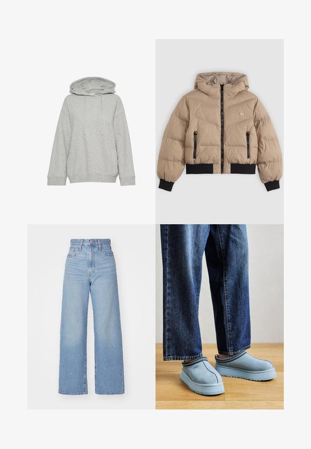 Beige színű, kapucnis steppelt dzseki, elülső cipzárral, két cipzáras oldalzsebbel, valamint fekete bordázott mandzsettával és alsó szegéllyel. Cseppfonat mintázat.; Szürke kapucnis pulóver laza szabással, hosszú ujjakkal, állítható zsinórral és bordás mandzsettákkal. Puha, textúrált anyagból készült.; Világoskék, magas derekú, bő szárú farmernadrág, elülső gombbal és cipzárral, elülső és hátsó zsebekkel, fehér háttérrel.; Kék velúr slip-on UGG cipők vastag talppal, kék farmerrel viselve, fából készült padlón, sima háttér előtt.