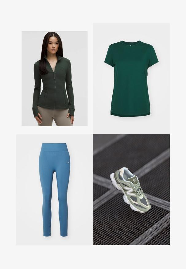 Zeleni aktivni jakna s patentnim zatvaračem i dugim rukavima, zakrivljenim šavovima i otvorima za palčeve. Ima dva bočna džepa i prilagođen dizajn.; Zeleni kratki rukav T-shirt s okruglim izrezom. Napravljen od mekog materijala s glatkom teksturom. Ima detalje na rubovima s bočnih strana.; Plave tajice s glatkom teksturom, visokim strukom i suptilnim logotipom na kuku. Uski kroj, punih dužina, pogodne za aktivno nošenje.; Zelena i bež tenisica za trčanje s mrežastim i sintetičkim materijalima, koja se odlikuje zaobljenim oblikom, teksturiranim naglascima i istaknutim logotipom sa strane.