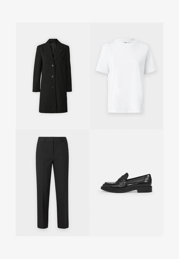 Zwarte jas van een gestructureerde stof met een notch-revers, enkelgeknoopt ontwerp, drie knoppen en zijzakken.; Witte katoenen T-shirt met ronde hals, korte mouwen en een gladde textuur. Ontworpen met een comfortabele en veelzijdige relaxte pasvorm.; Zwarte op maat gemaakte broek met een rechte pijp, platte voorkant en zonder zichtbare versieringen. Gemaakt van een gladde stof met een frisse afwerking.; Zwarte gepatineerde leren loafers met een ronde neus, een decoratieve band over de bovenkant en een lage blokhak. Gladde, glanzende textuur.