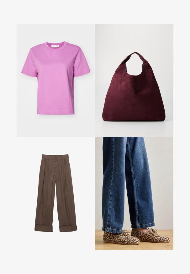 Black leather motorcycle jacket featuring multiple zippers, a belted waist, shoulder epaulettes, and a satin-lined interior.; Light beige fuzzy sweater with a round neckline, long sleeves, and a relaxed fit. Soft texture with a gradient pattern.; Short-sleeve crew-neck T-shirt in solid light pink, made of cotton, with a smooth texture and straight fit. Simple design, no additional accents.; Brown wide-leg trousers made of cotton, featuring a button closure, pleated front, and rolled cuffs for a relaxed fit.; Leopard print loafers made of suede, featuring a rounded toe, lace-up design, and flat, flexible soles, paired with blue denim jeans.; Large deep burgundy suede handbag with a single wide handle and slouchy triangular shape on a plain background.