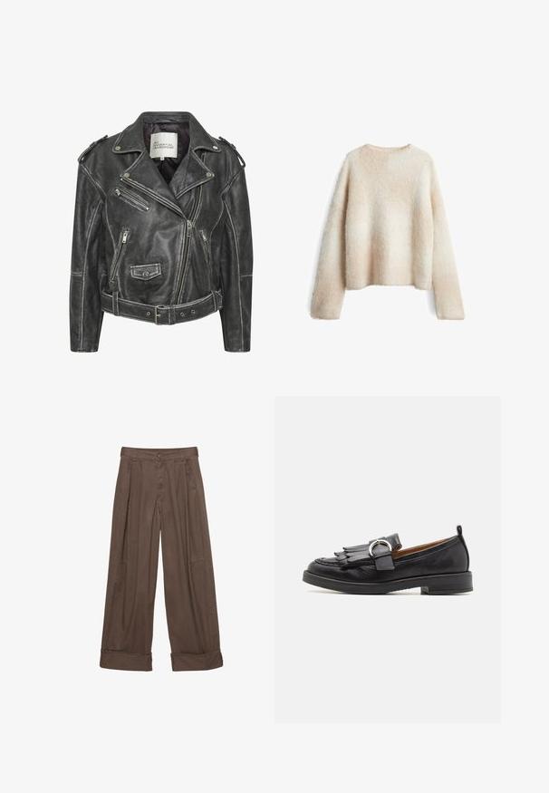 Zwarte leren motorjack met meerdere ritsen, een ceintuur in de taille, schouderepauletten en een satijnen voering.; Lichtbeige fuzzy sweater met een ronde halslijn, lange mouwen en een relaxte pasvorm. Zachte textuur met een gradient patroon.; Bruine wijde broek van katoen, met een knoopsluiting, geplooide voorkant en opgerolde manchetten voor een relaxte pasvorm.; Pavement MATILDA - Instappers - black