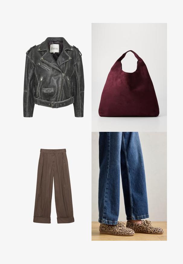 Zwarte leren motorjack met meerdere ritsen, een ceintuur in de taille, schouderepauletten en een satijnen voering.; Lichtbeige fuzzy sweater met een ronde halslijn, lange mouwen en een relaxte pasvorm. Zachte textuur met een gradient patroon.; Bruine wijde broek van katoen, met een knoopsluiting, geplooide voorkant en opgerolde manchetten voor een relaxte pasvorm.; Luipaardprint loafers van suede, met een ronde neus, vetersluiting en platte, flexibele zolen, gecombineerd met blauwe jeans.; Grote diep bordeauxrode suède handtas met een enkele brede handgreep en een slungelige driehoekige vorm op een effen achtergrond.