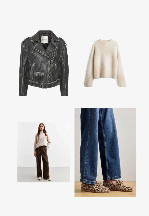 Zwarte leren motorjack met meerdere ritsen, een ceintuur in de taille, schouderepauletten en een satijnen voering.; Lichtbeige fuzzy sweater met een ronde halslijn, lange mouwen en een relaxte pasvorm. Zachte textuur met een gradient patroon.; Beige sweatshirt met een hoge kraag, voorzien van een ronde witte grafiek. Bruine geplooide broek en witte sneakers maken de outfit compleet.; Luipaardprint loafers van suede, met een ronde neus, vetersluiting en platte, flexibele zolen, gecombineerd met blauwe jeans.