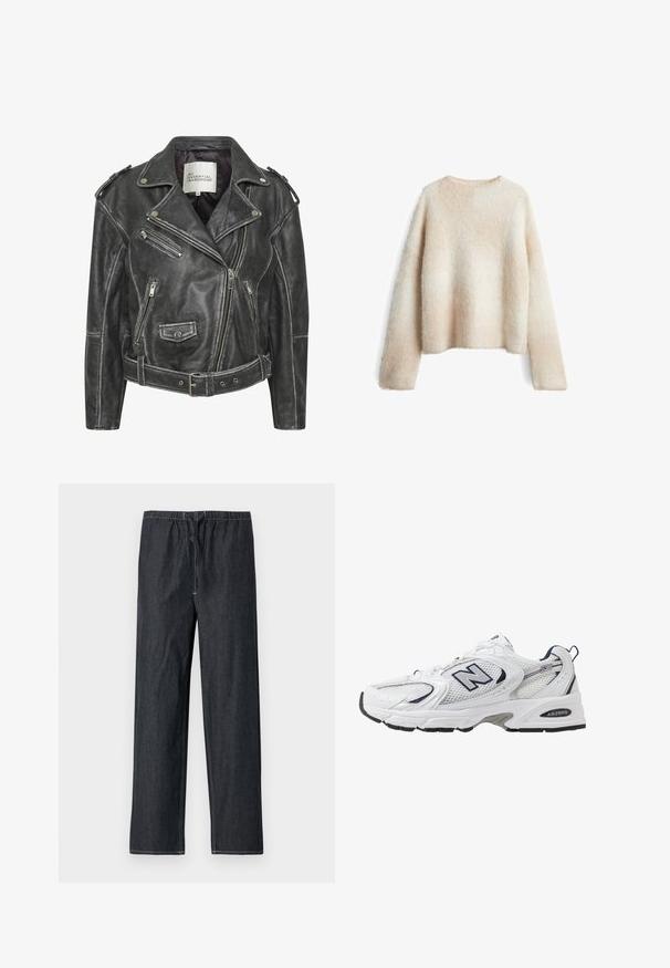 Zwarte leren motorjack met meerdere ritsen, een ceintuur in de taille, schouderepauletten en een satijnen voering.; Lichtbeige fuzzy sweater met een ronde halslijn, lange mouwen en een relaxte pasvorm. Zachte textuur met een gradient patroon.; Donkere spijkerbroek met een elastische tailleband en een trekkoord, uitgevoerd met een rechte pijp en contrasterende stiksels.; Witte sport schoen met mesh bovenkant, marineblauwe accenten en een gehoorzaamde zool. Bevat het "N" logo, veters en een gestructureerde detail aan de zijkant.