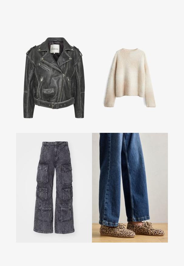 Zwarte leren motorjack met meerdere ritsen, een ceintuur in de taille, schouderepauletten en een satijnen voering.; Lichtbeige fuzzy sweater met een ronde halslijn, lange mouwen en een relaxte pasvorm. Zachte textuur met een gradient patroon.; Alpha Industries MULTIPOCKET PANT - Cargobroek - black; Luipaardprint loafers van suede, met een ronde neus, vetersluiting en platte, flexibele zolen, gecombineerd met blauwe jeans.