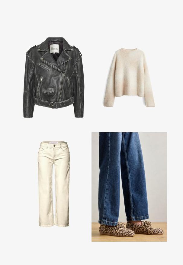 Zwarte leren motorjack met meerdere ritsen, een ceintuur in de taille, schouderepauletten en een satijnen voering.; Lichtbeige fuzzy sweater met een ronde halslijn, lange mouwen en een relaxte pasvorm. Zachte textuur met een gradient patroon.; Lichtcrème wijde jeans gemaakt van denim, met voorkruiken, een knoopsluiting en een gladde textuur.; Luipaardprint loafers van suede, met een ronde neus, vetersluiting en platte, flexibele zolen, gecombineerd met blauwe jeans.