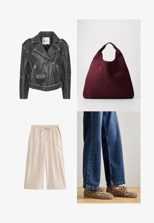 Zwarte leren motorjack met meerdere ritsen, een ceintuur in de taille, schouderepauletten en een satijnen voering.; Lichtbeige fuzzy sweater met een ronde halslijn, lange mouwen en een relaxte pasvorm. Zachte textuur met een gradient patroon.; Beige linnen culottes met een elastische tailleband, verstelbaar trekkoord, zijzakken en een ontspannen wijduitlopende pasvorm.; Luipaardprint loafers van suede, met een ronde neus, vetersluiting en platte, flexibele zolen, gecombineerd met blauwe jeans.; Grote diep bordeauxrode suède handtas met een enkele brede handgreep en een slungelige driehoekige vorm op een effen achtergrond.