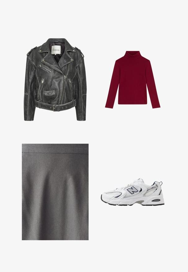 Black leather motorcycle jacket featuring multiple zippers, a belted waist, shoulder epaulettes, and a satin-lined interior.; Burgundy turtleneck top with long sleeves, made of soft, stretchable fabric; features a fitted design and a small logo accent near the hem.; Gray fabric with a smooth, uniform texture. Subtle sheen highlights clean lines and folds, indicating a structured design. No visible patterns or prints.; White athletic shoe with mesh upper, navy accents, and cushioned sole. Features "N" logo, laces, and textured detail on side.
