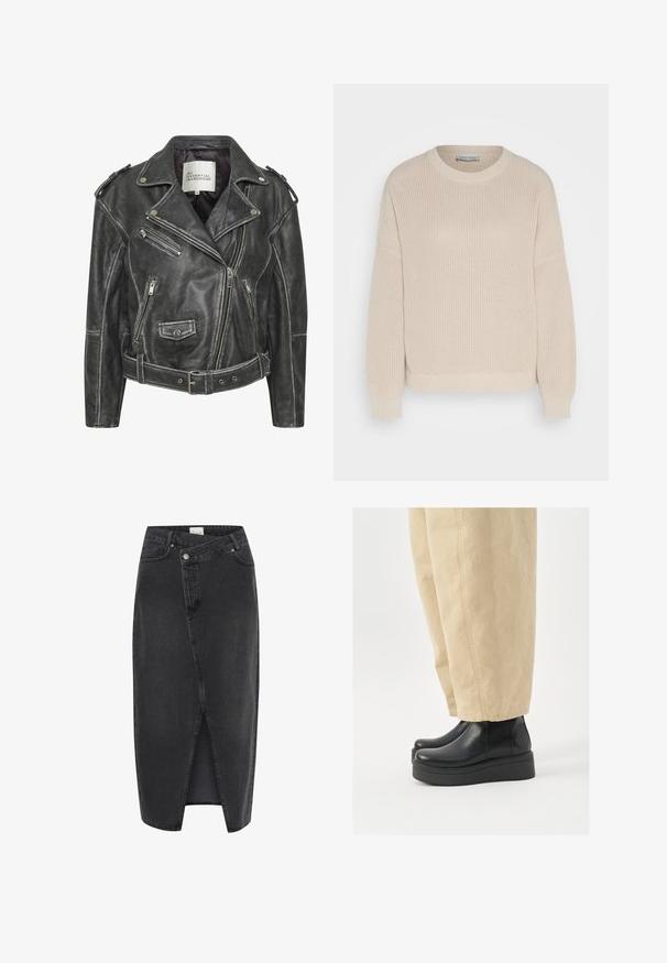 Jachetă de motociclist din piele neagră, cu multiple fermoare, talie cu curea, epauleți pe umeri și interior căptușit cu satin.; Anna Field Pulover - grey; Fustă midi din denim negru, cu o fanta frontală, croi structurat și design clasic cu cinci buzunare. Dispune de închidere cu buton și fermoar.; Bocanci negri din piele, cu vârf rotund și talpă platformă. Împreună cu pantaloni bej, cu croială largă, care au detalii de cusătură vizibile.