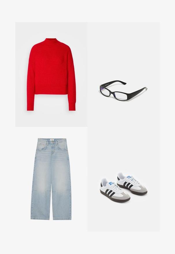 Zwarte leren motorjack met meerdere ritsen, een ceintuur in de taille, schouderepauletten en een satijnen voering.; Rode, geknipte trui met een hoge hals, lange mouwen en een geribbelde zoom. Gemaakt van zachte, gestructureerde stof, met een effen kleur zonder patronen.; Lichtblauwe denim jeans met wijde pijpen en een hoge taille, vijf zakken en subtiele vervaging; voorzien van contrasterende stiksels en een knoopsluiting.; Sportschoenen met een witte leren bovenkant, grijze suède neus en drie zwarte strepen. Bevat een blauw logo op de tong en een gestructureerde rubberen zool.; Zwarte rechthoekige bril met heldere glazen. Glanzende afwerking, smalle veren en paarse tint zichtbaar aan de randen van de glazen.