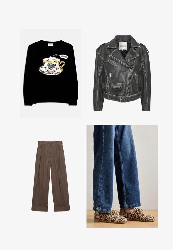 Schwarze Leder-Motorradjacke mit mehreren Reißverschlüssen, einem taillierten Gürtel, Schulterepauletten und einem satinierten Innenfutter.; Schwarzer Pullover mit einer bestickten Teetasse, einem Teebeutel und floralen Verzierungen. Das Design beinhaltet eine Untertasse unter der Tasse.; Braune weite Hosen aus Baumwolle mit Knopfverschluss, gefältelter Vorderseite und umgeschlagenen Säumen für einen entspannten Sitz.; Leopardenmuster-Loafers aus Wildleder, mit abgerundetem Zehenbereich, Schnürdesign und flachen, flexiblen Sohlen, kombiniert mit blauen Jeans.